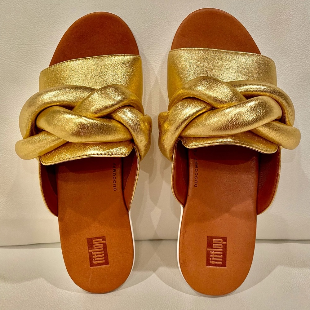 NWT FitFlop gold REAL leather Artisan FITFLOP braid front knot slides podiatric - Picture 6 of 16